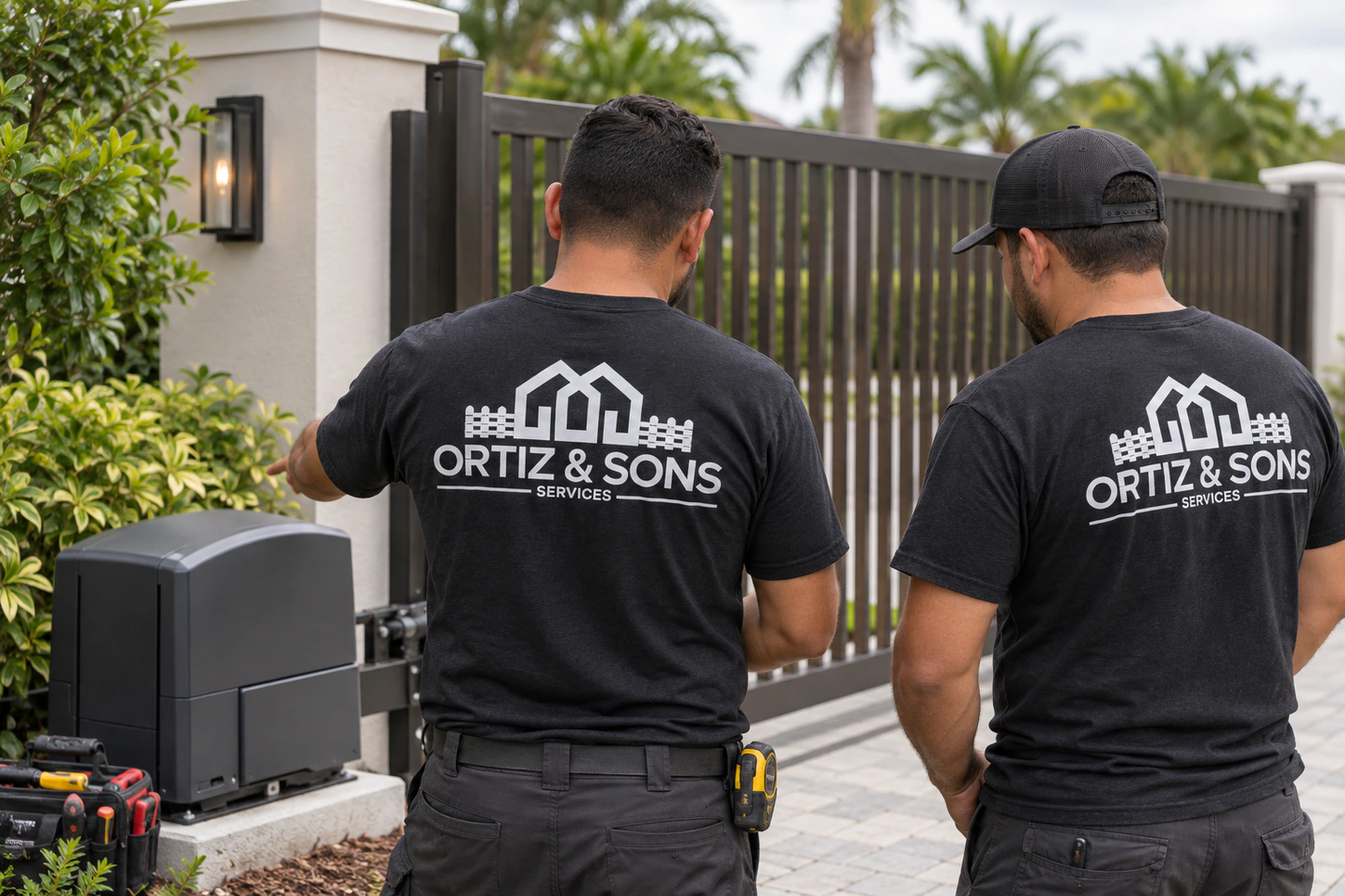 Illustration of gate technicians wearing Ortiz & Sons logo T-shirts